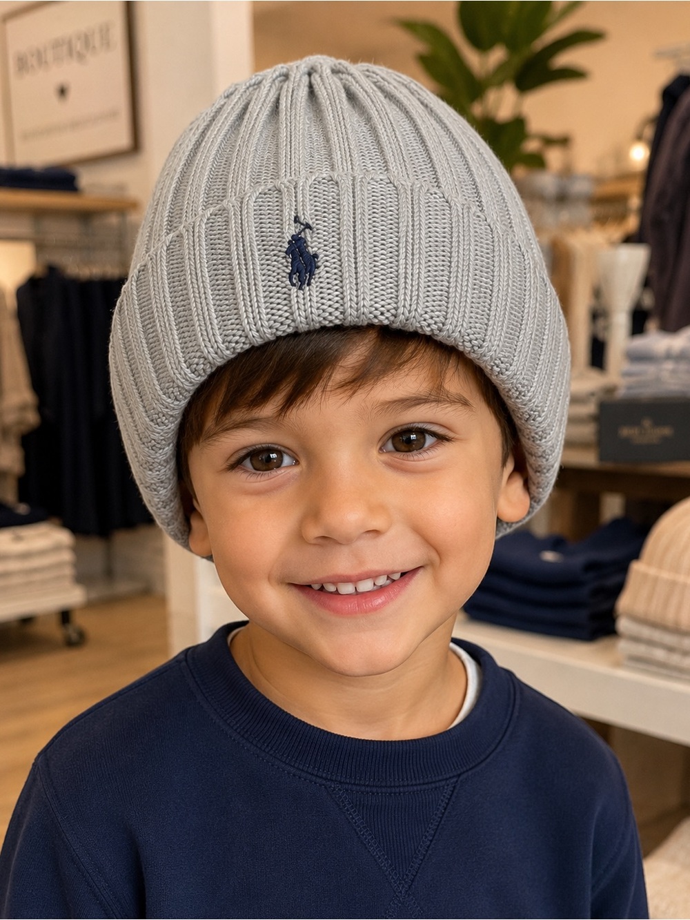 Polo Ralph Lauren Kids Beanie Hat Gray Rib Knit Navy Embroidered Pony Logo OS